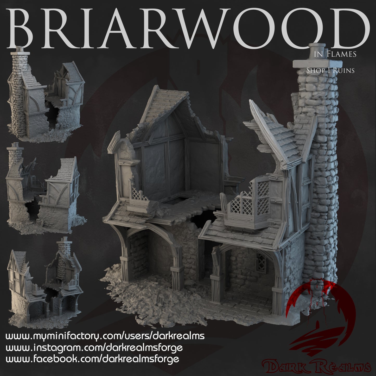 Tienda 1 en ruinas Briarwood – Escenografía fantasía 3D para wargames
